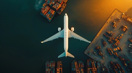 Poster - Aerial view and top view cargo plane flying above ship port in the export and import business and Smart logistics international goods Shipping cargo to harbor by crane : Generative AI
