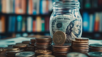 Poster - Saving money coin with banking investment finance education concept Planning student loan for studying abroad for college or university degree Future childrens education fund cash Grow : Generative AI