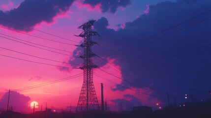 Fototapete - Detailed view of an electricity transmission tower at dusk, with power lines illuminated by the setting sun, creating a dramatic and industrial scene.