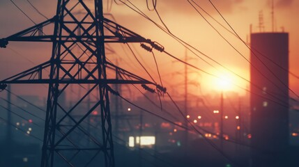 Fototapete - Detailed view of an electricity transmission tower at dusk, with power lines illuminated by the setting sun, creating a dramatic and industrial scene.