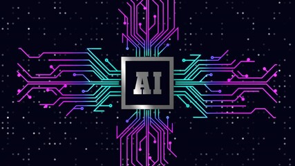 Animated of title circuit board with glowing lines in the center, AI technology, futuristic design. Suitable for tech related projects, digital concepts. Microchip internals, technology themed designs