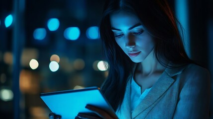 Fototapete - Business woman tablet and typing in office for corporate communication internet research and networking Female person technology and working late night for project planning and company : Generative AI