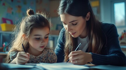 Aufkleber - Teacher helping girl in classroom for knowledge helping schoolgirl and teach her to draw Education concept : Generative AI