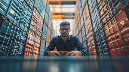 Poster - Business man arranging stack of freight containers on his table in office Logistics freight transportation and trading worldwide Imports export and international distribution concept : Generative AI