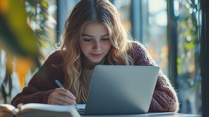 Aufkleber - Student laptop and portrait in classroom writing notes for college course test and campus work Female person university and happy for learning higher education and studying at academy : Generative AI