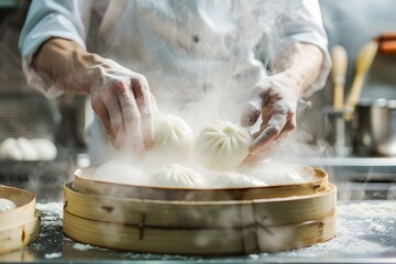 A close-up shot of a chef's hands expertly shaping and steaming bao buns in a professional kitchen