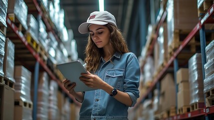 Poster - Female professional using tablet quality checking car parts worker in warehouse Supervisor importexport shipping transportation logistic business factory concept : Generative AI