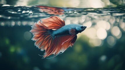 Poster - High-definition shot of a Betta fish showcasing its unique fin patterns and vibrant colors, with gentle ripples in the water adding to the serene atmosphere.