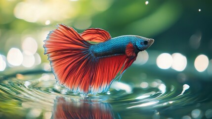 Poster - High-definition shot of a Betta fish showcasing its unique fin patterns and vibrant colors, with gentle ripples in the water adding to the serene atmosphere.
