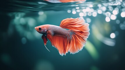 Poster - High-definition shot of a Betta fish showcasing its unique fin patterns and vibrant colors, with gentle ripples in the water adding to the serene atmosphere.