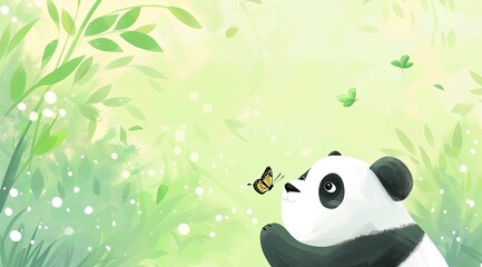 a Cute Fluffy Panda Baby with a Butterfly on Its Nose