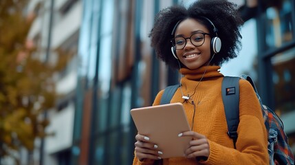 ELearning Happy Black Woman Student Using Tablet Computer Wearing Headphones Standing Near Modern University Building Outside Browsing Internet Outdoors Modern Online Education Copy Sp : Generative AI