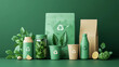 © javu - Eco-friendly recyclable packaging with natural green elements on green background