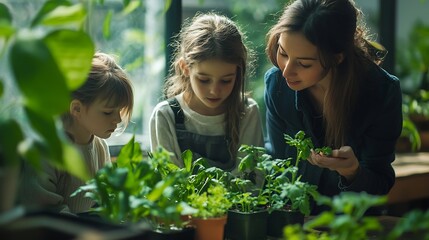 Aufkleber - Science students and curious of plants children and teacher with container of sample of nature Classroom woman and kids with observation on table learning and growth with development i : Generative AI