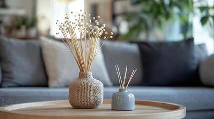 Interior of cozy living room with grey sofa and reed diffuser on coffee table : Generative AI