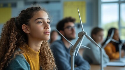 Poster - Secondary Or High School Students Studying Wind Turbines In Science Class With Teacher In Background : Generative AI