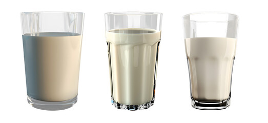 Three glasses of milk are shown, with the middle one being the tallest. The glasses are all clear and filled with milk. on a Transparent Background