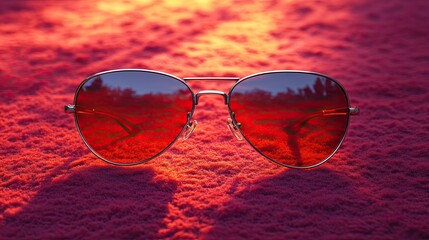 A pair of sunglasses with a red background and a red background