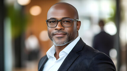 A confident professional man in formal attire, smiling in a modern office environment.