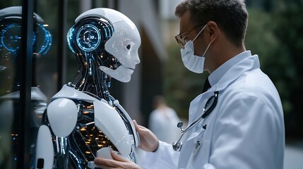Poster - Healthcare and medicine Medical technology Doctor using robots AI  and electronic medical record for diagnosis and medical research connecting with big data DNA Digital health care tec : Generative AI