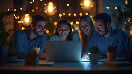 Poster - Happy business people and laptop with team at night in meeting for creative planning design or deadline at office Group of employees working late with smile on computer for startup at  : Generative AI