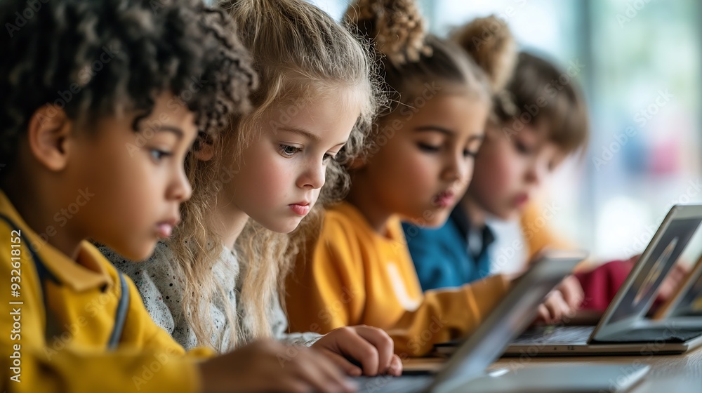 Group of TechSavvy Primary School Children Working on Their Laptop and ...