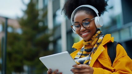 Poster - ELearning Happy Black Woman Student Using Tablet Computer Wearing Headphones Standing Near Modern University Building Outside Browsing Internet Outdoors Modern Online Education Copy Sp : Generative AI