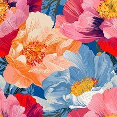 Wall Mural - Seamless pattern of large, vibrant floral blooms with detailed petals