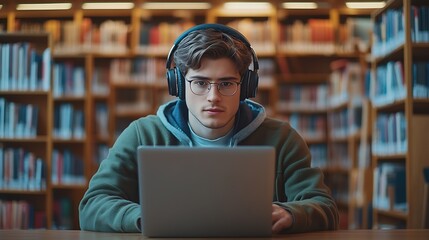 Aufkleber - Portrait of a Smart Male Putting On Headphones and Working on a Laptop Computer Young Man Doing a Homework Assignment and Preparing for Political Science Exams in a College Library : Generative AI