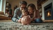 © The Little Hut - mam dad and son sit on the carpetfloor and save money in the piggy bank at home : Generative AI