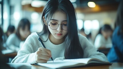 Aufkleber - Woman students and writing with test in classroom for exam study or assignment at university Female person or group busy on project or essay with notebook for higher education lesson o : Generative AI