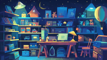 Cartoon toy shop with furniture and goods on shelves at night, game background, Illustration