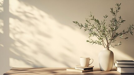 Poster - Breakfast scandi indoor interior still life Minimal home design concept Beige ceramic vase with olive tree branches Cup of coffee tea on wooden table desk with old books Empty beige wa : Generative AI