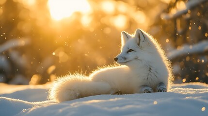 single cute little arctic fox relax on snow clean and bright white snowfield background with golden 