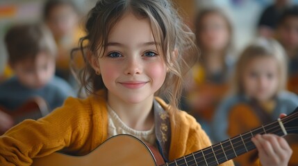 Poster - Caucasian young woman teacher playing guitar with students in school Adorable little children having fun enjoy education activity dance with instrument in classroom at preschool nurser : Generative AI