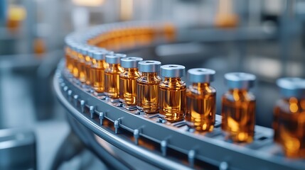 Poster - Advanced Bright Modern Pharmaceutical Factory Medical Ampoule Production Line Rows of Glass Vials with Orange Caps on Conveyor Belt Vaccine Production Facility Medication Manufacturing : Generative AI