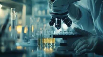 Fototapete - Scientist working in laboratory using micropipette Mixing liquid chemicals with genetically modified samples under a biotechnology microscope Development of microbiology research exper : Generative AI