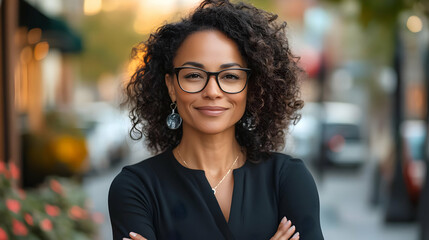 Wall Mural - A confident woman with curly hair and glasses standing outdoors.