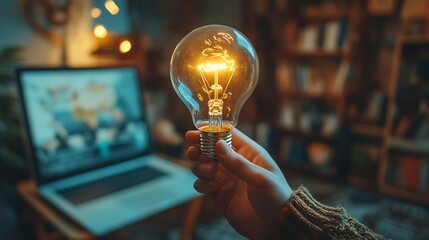 Poster - Online education course or elearning technology ConceptMan holding light bulb on virtual screen Training Internet on education study of knowledge for creative thinking idea and problem : Generative AI