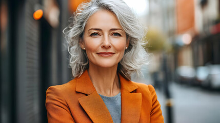 Poster - A confident woman with gray hair in an urban setting.