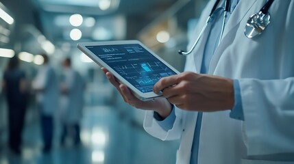 Poster - Hospital tablet and hands of doctor with patient for consulting medical service and help in clinic Healthcare telehealth and people on digital tech for diagnosis online results and ins : Generative AI