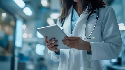 Poster - Women doctors and explain on tablet in hospital for patient information appointment and schedule Database medical and healthcare practitioner with technology for telehealth service and : Generative AI