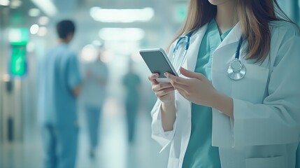 Poster - Healthcare teamwork and doctor with nurses medicine and talking together at hospital with trust Medical collaboration and smartphone with clinic result and specialist for diagnosis and : Generative AI