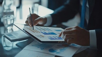 Poster - Top view of smart manager looking at financial statistic on tablet at meeting room Group of diverse business people working together to analyze investment data on table with notebook D : Generative AI