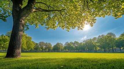 Aufkleber - Park and outdoor concept Spring landscape big tree on green grass meadow New young green leaves on twig in in the park under blue sky Nature greenery background Amstelpark Amsterdam Ne : Generative AI