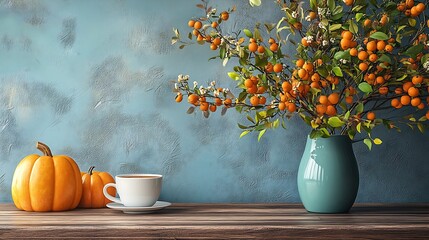 Aufkleber - Beautiful Scandinavian interior Green tree branches flowers in vase on wooden desk table Cup of coffee pumpkins Empty wall mockup background elegant indoor summer or Thanksgiving decor : Generative AI