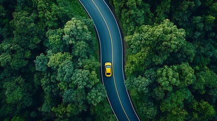 Poster - Aerial top view road in forest with car motion blur Winding road through the forest Car drive on the road between green forest Ecosystem ecology healthy environment road trip : Generative AI