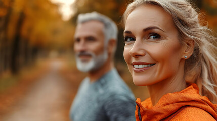 Canvas Print - A couple enjoying a walk in an autumn park, smiling and relaxed.