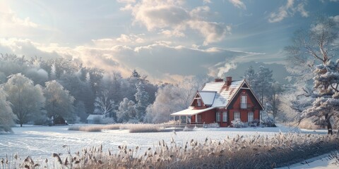 Poster - Countryside house surrounded by a snowy field