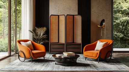 Wall Mural - Interior of stylish living room with folding screen chest of drawers armchairs and carpet : Generative AI